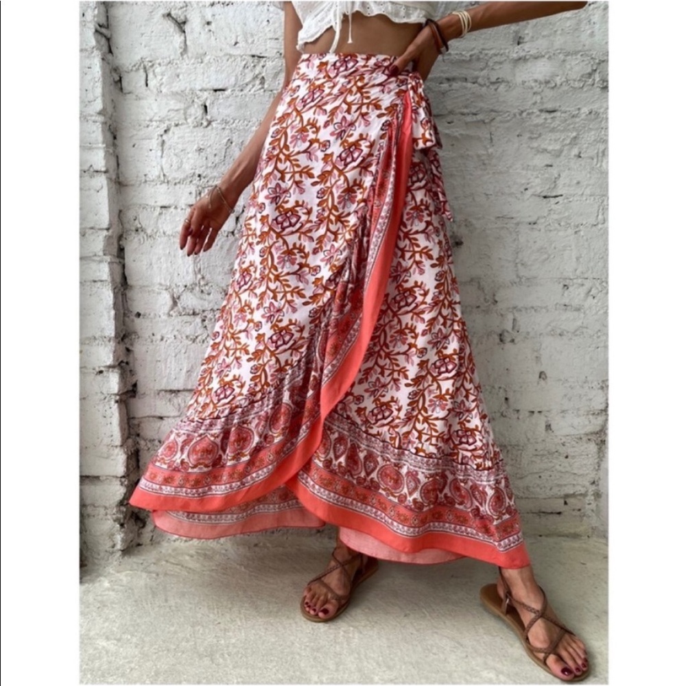 Boho Blue Floral Print Ruffle WRAP Maxi Skirt - Picture 7 of 10